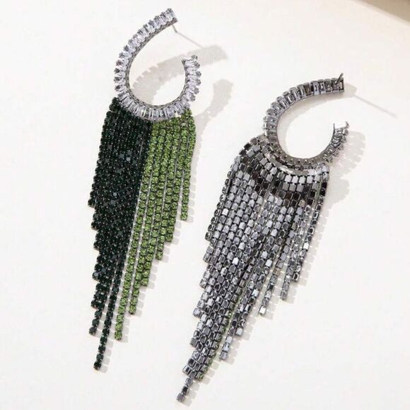 Glam Green & Black Crystal Fringe Earrings — Luxe Statement Jewelry - Picture 5 of 11
